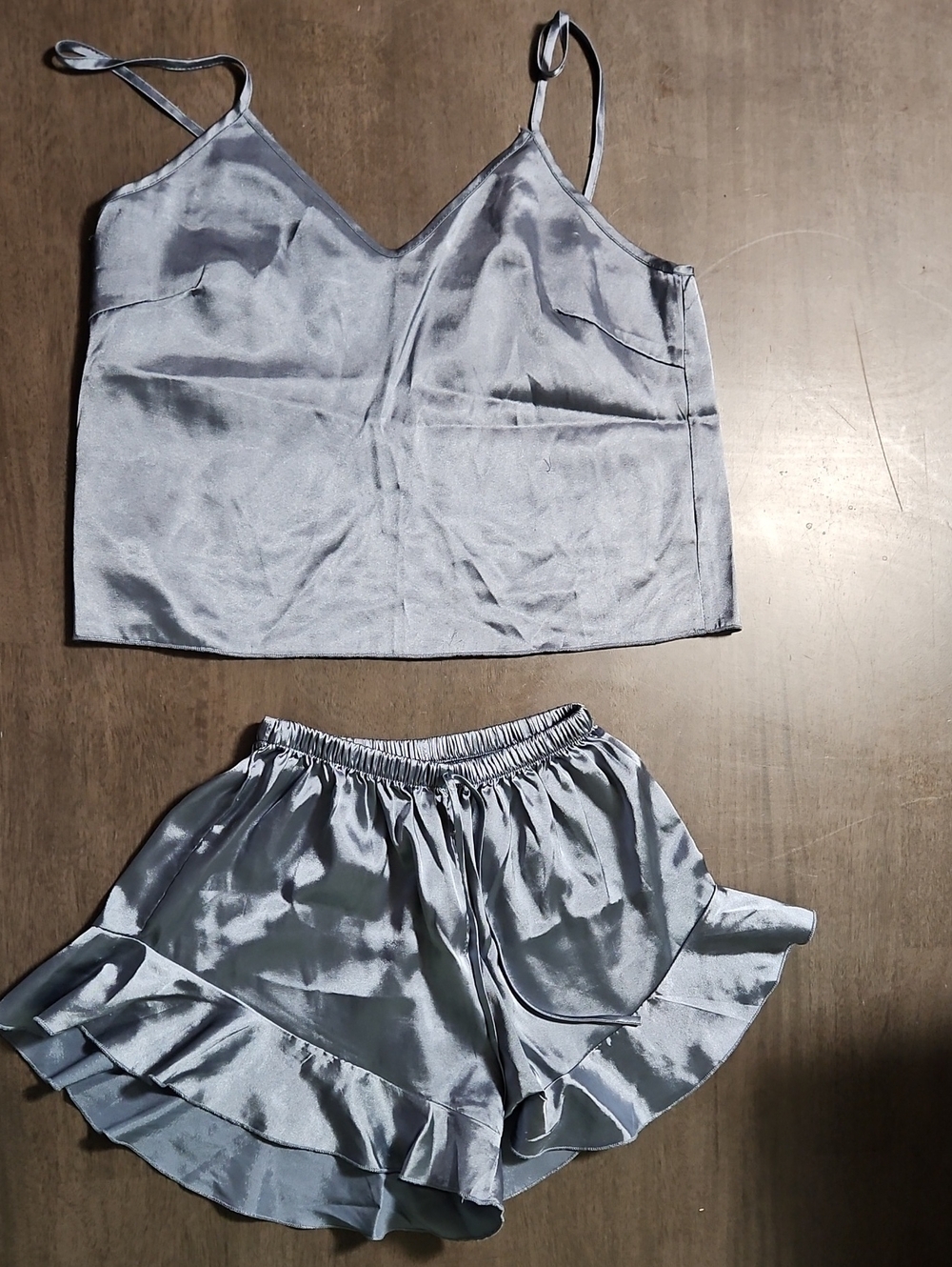 Silky V-Neck Cami & Ruffle Short Set in Light Blue